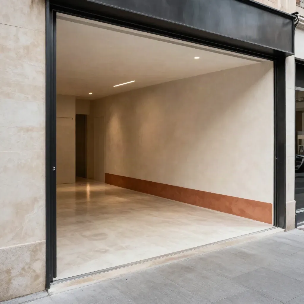 Interior comercial reformado con suelo continuo, luz integrada y detalle terracota.