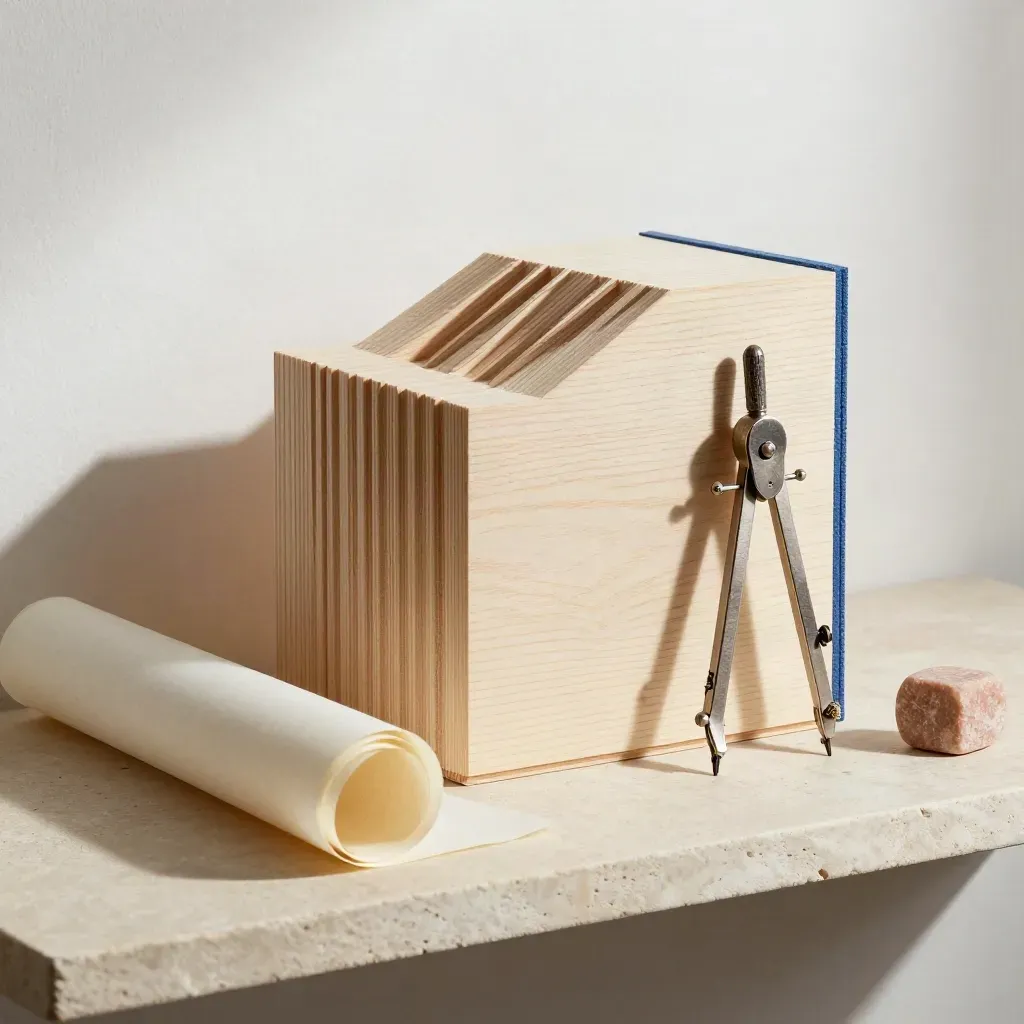 Maquetas de volumen, papel vegetal, compás metálico y bloque de piedra sobre balda clara.