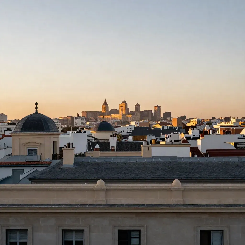 Perfil de Madrid al atardecer sobre piedra clara y cielo brumoso, con cúpulas y tejados altos.