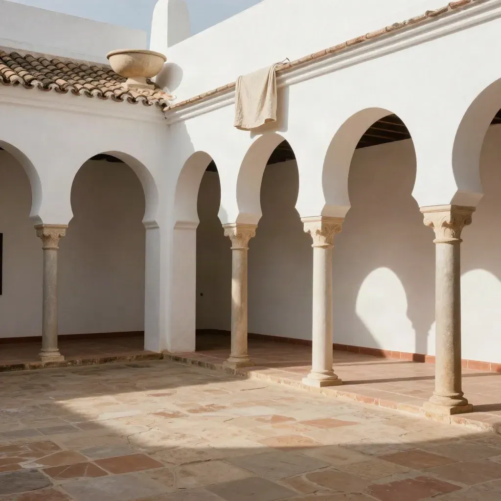 Patio blanco andaluz con arcos suaves, yeso cálido y suelo calmado para titulares.